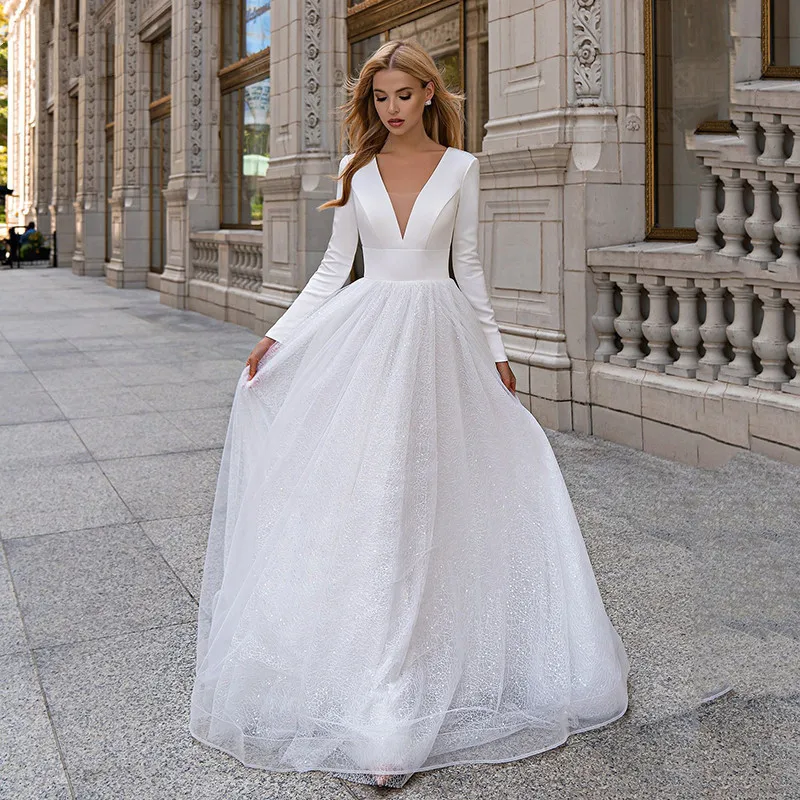 

Simple Deep V Neck Long Sleeve Wedding Dress A Line Sparkly For Women Robe De Marie Custom Made Bridal Gown Sweep Train Backless