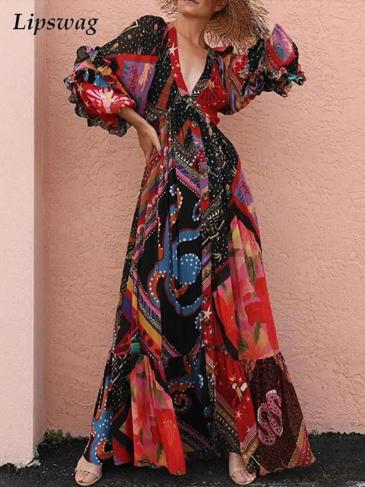 

Women 2022 Spring Elegant Pattern Print Beach Dresses Ladies Fashion V-Neck Bohemian Dress Summer New Casual Long Sleeve Dresses