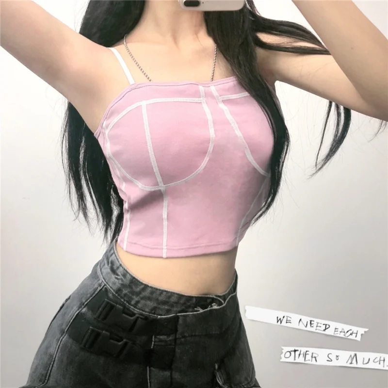 

Crop tops sexy colorblock spaghetti strap tanke top women built in bra off shoulder sleeveless camis for woman ins