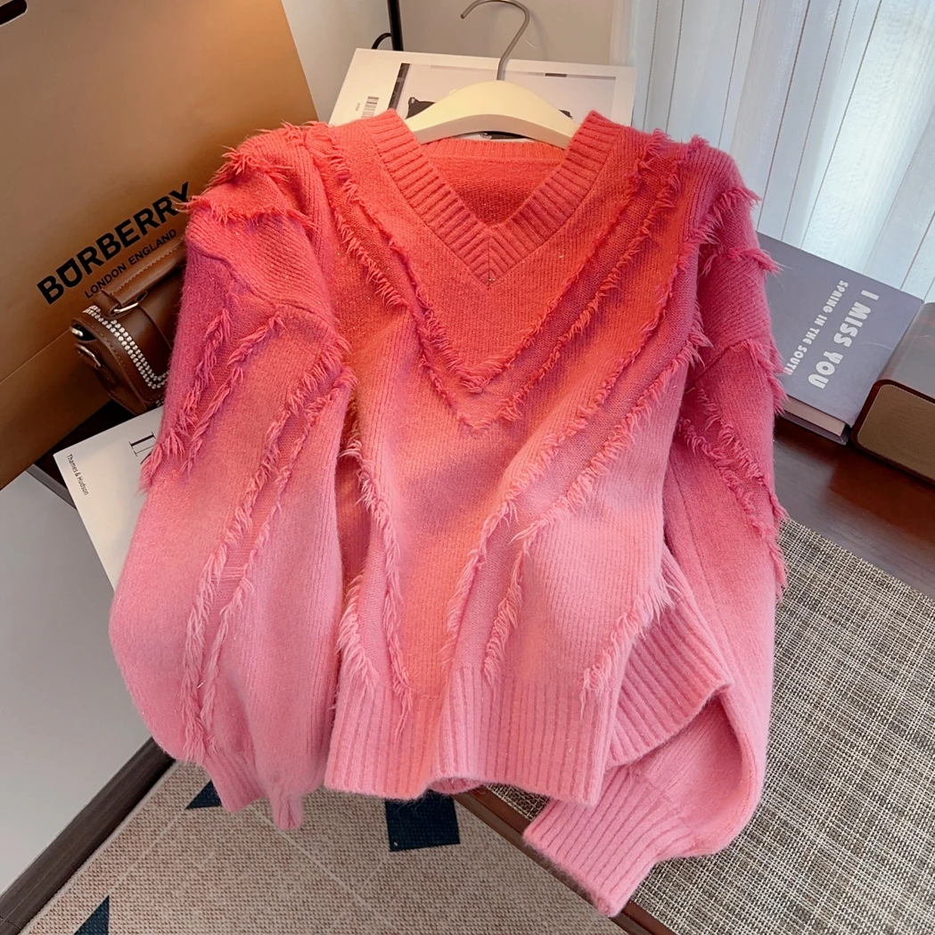 

Gold Silk Tassel Women's Sweater V-neck Gradual Knitwear Pullover Korean Popular Clothes New Outerwear Autumn Winter Knit Top