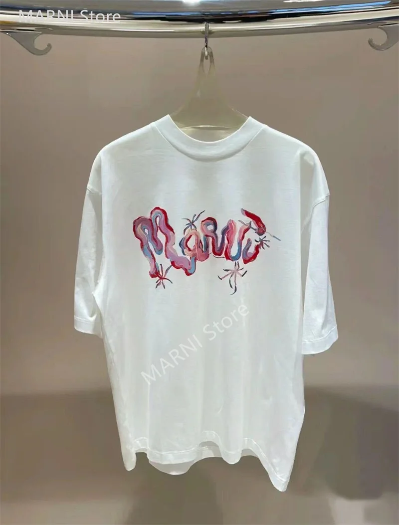 

2023 new marni graffiti print loose cotton short sleeve T-shirt women's summer high street fashion casual top