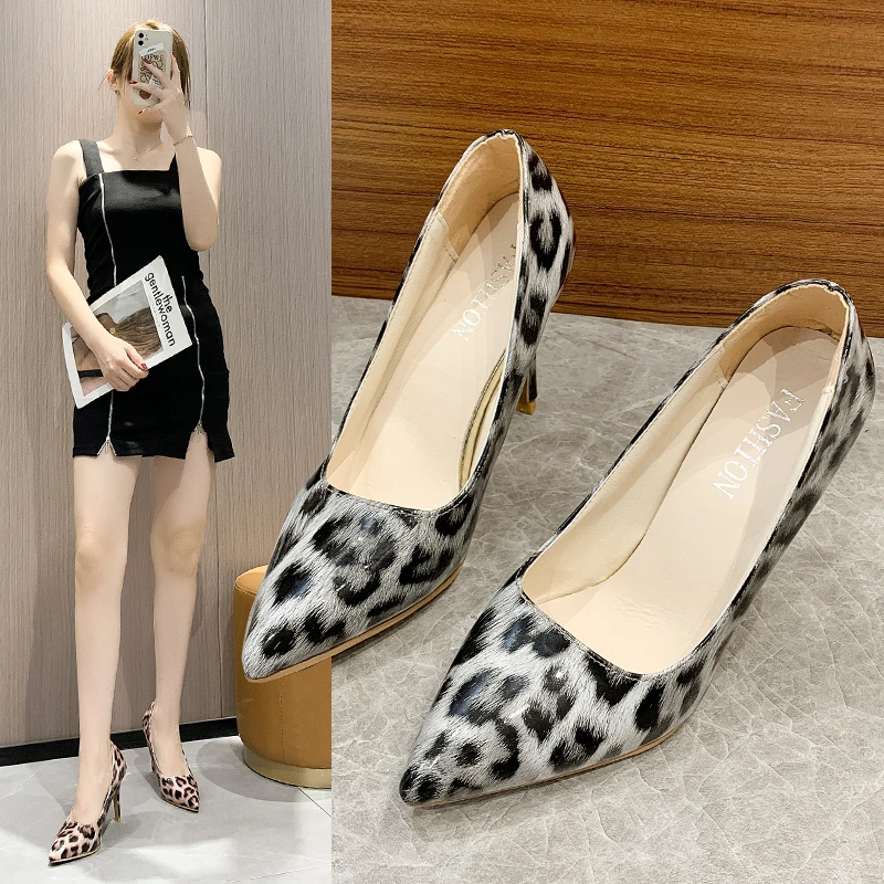 2023 Fashion Women Pumps Femals Sexy Leopard Pointed Toe 10cm High Thin Heels Ladies Office Elegant Slip on Footwear Shoes