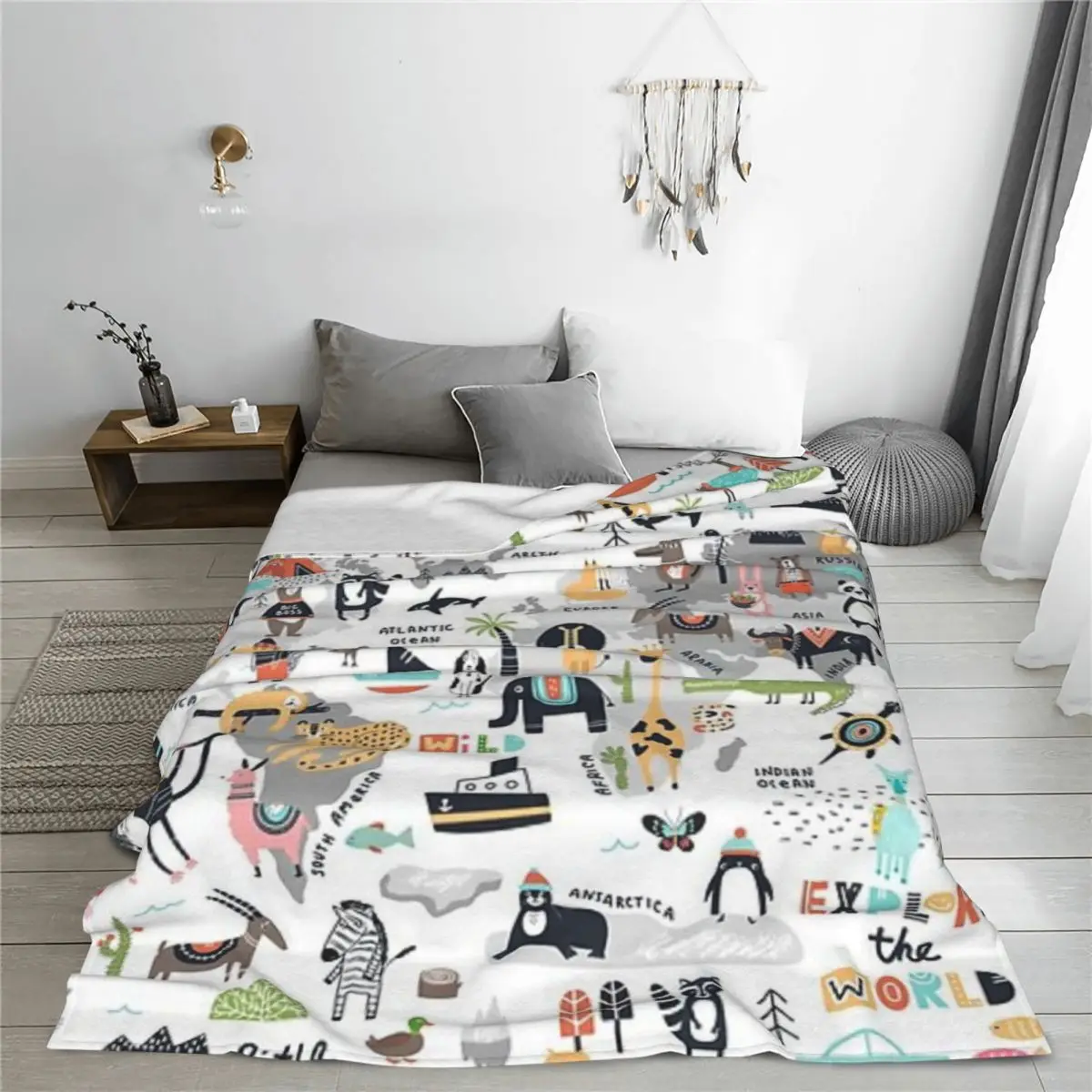 Серые Одеяла с животными дорожные животные Карта мира теплые фланцевые одеяла