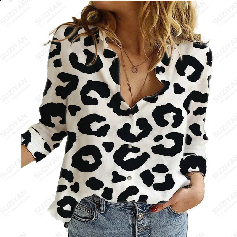 

Spring Autumn New Women's Long sleeved Shirt with Colorful Leopard Pattern Spot 3D Print Polo Collar Button Personalized Casual