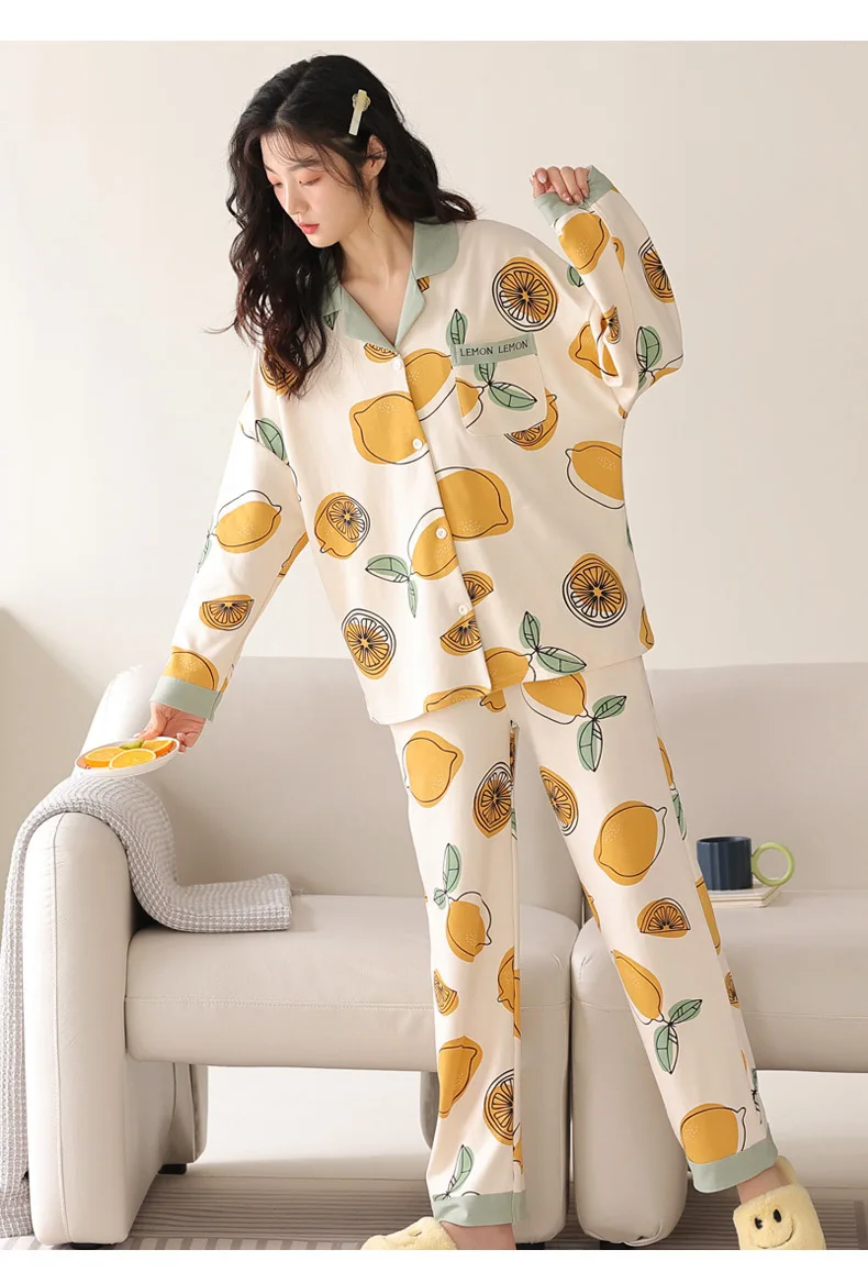 Yasuk Spring Autumn Fashion Women Casual Soft Print Sleepwear Homewear Pajamas With Pants Sweet Fruits Lemon Girl Simple Cotton