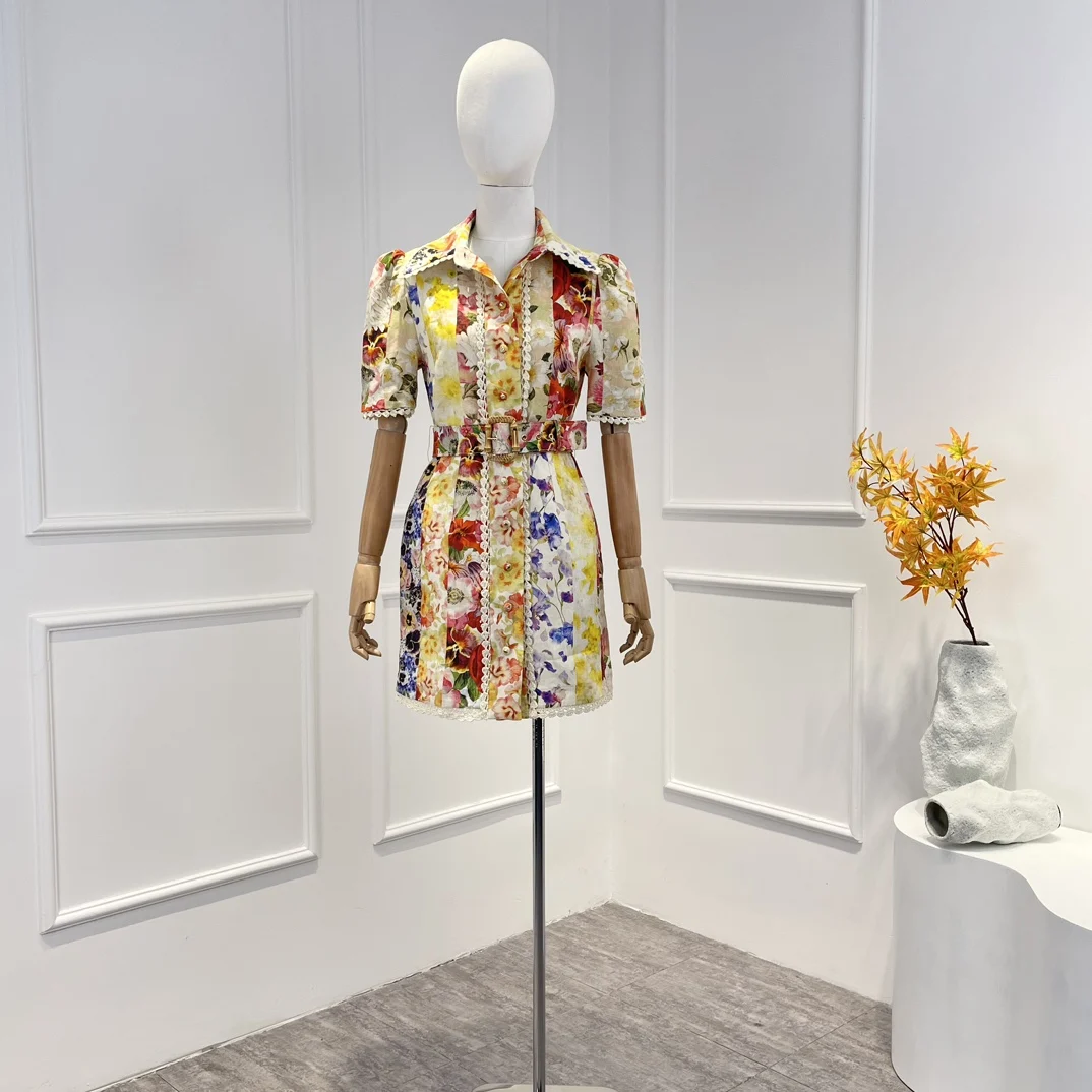 

2023 Latest Collection Spring Summer Top Quality Pure Linen Floral Printing Embroidery Hem Patchwork Mini Dress Women