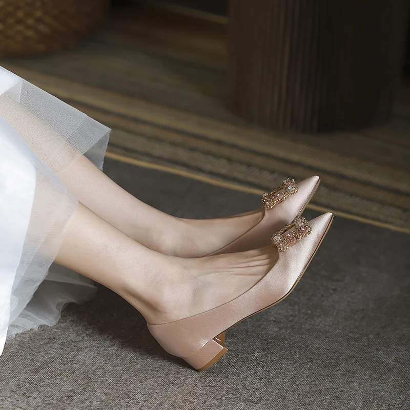 Shoes For Women Ladies High Heels Rhinestone Square Buckle Squar Heel 3cm  Star Style Luxury Pointed Toe Wedding Shoes With Box