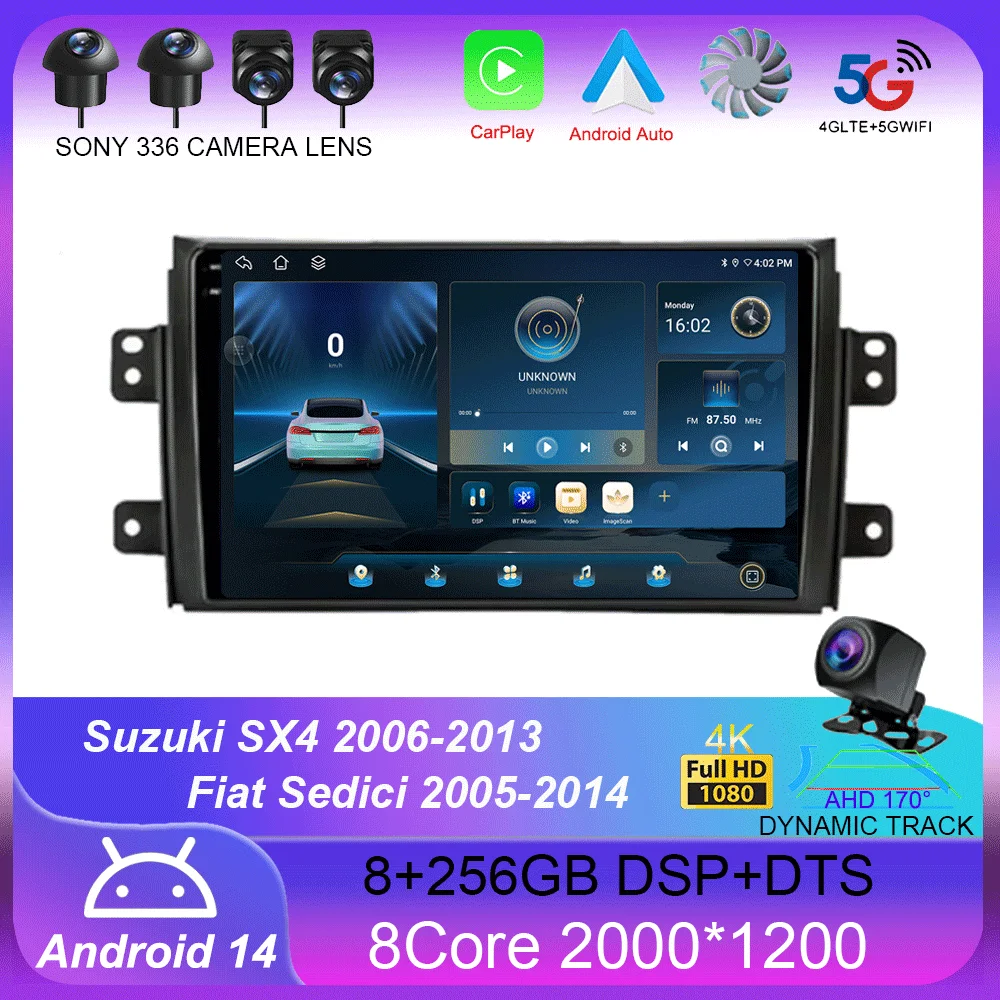 Автомобильный радиоприемник Carplay Android 14 для Suzuki SX4 2006-2013 Fiat Sedici 2005-2014 навигация