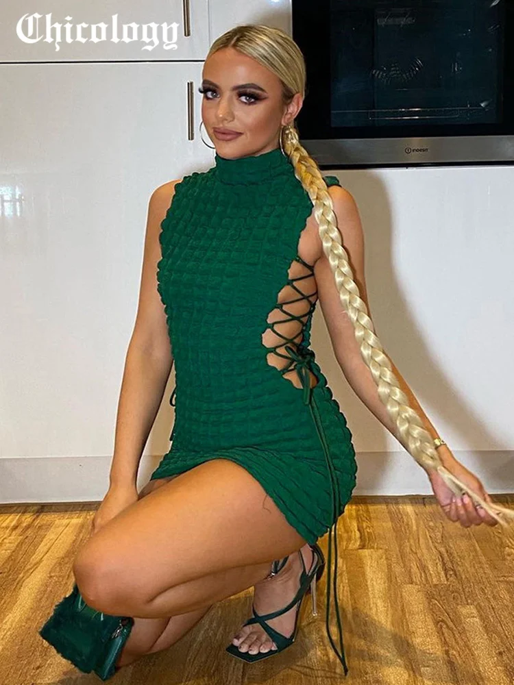 

Chicology 2022 Women Mini Dres O Neck Sleeveless Sexy Bandage Hollowed Out Slim Wrap Hip Tie Bodycon Ruched Summer Fashion Party