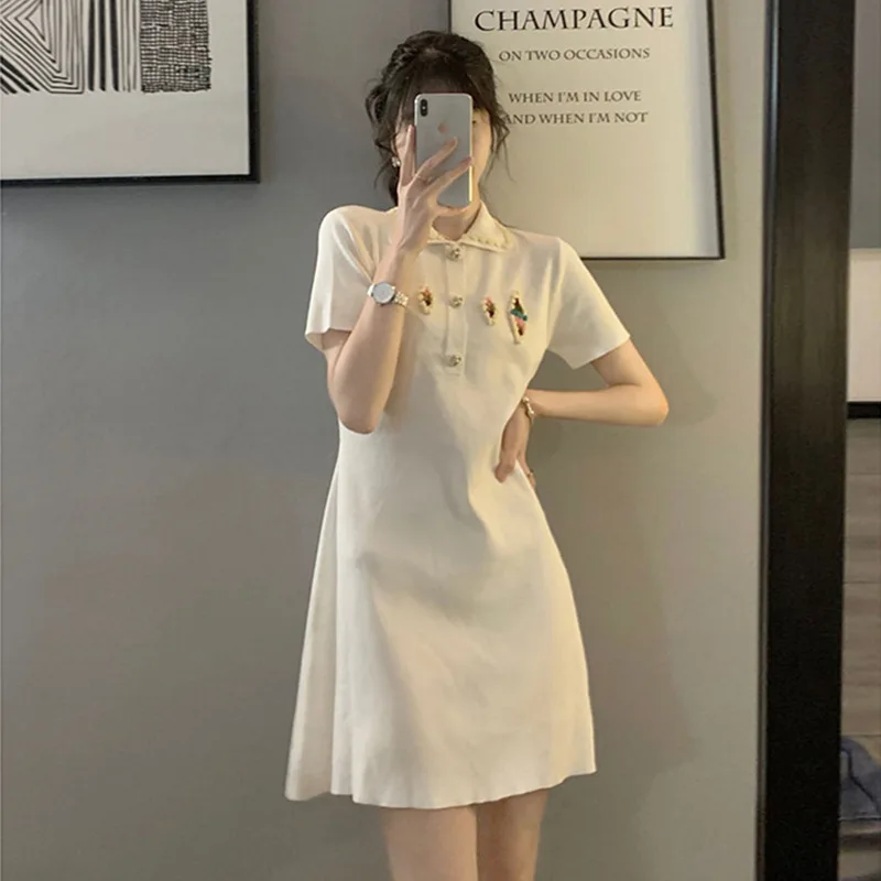 

Женское летнее платье с рукавом-пузырьком, новое контрастное Платье-поло во французском стиле, маленькое платье в студенческом стиле, белое платье