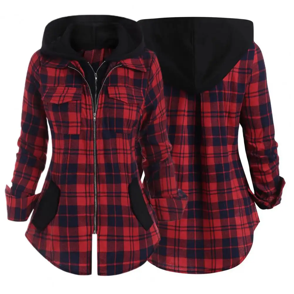 

Popular Shirt Streetwear Women Blouse Contrast Color Punk Checkered Shirt Hooded