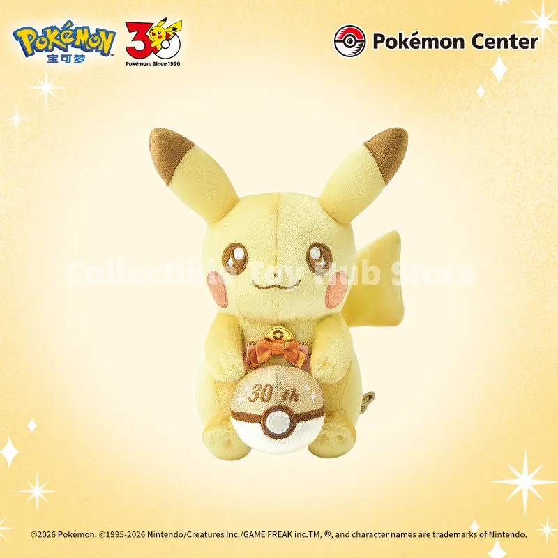 Фото Оригинальная плюшевая кукла Пикачу к 30-летию Pokemon Center, коллекционная мягкая игрушка с покеболом и бантом, милый подарок №1