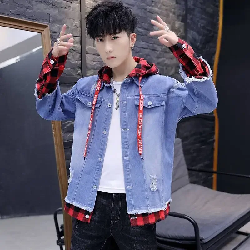 

Male Jean Coat Outwear with Hole Ripped Men's Denim Jacket Hooded Hat Light G Free Shipping One Piece Vintage Korea Loose Washed