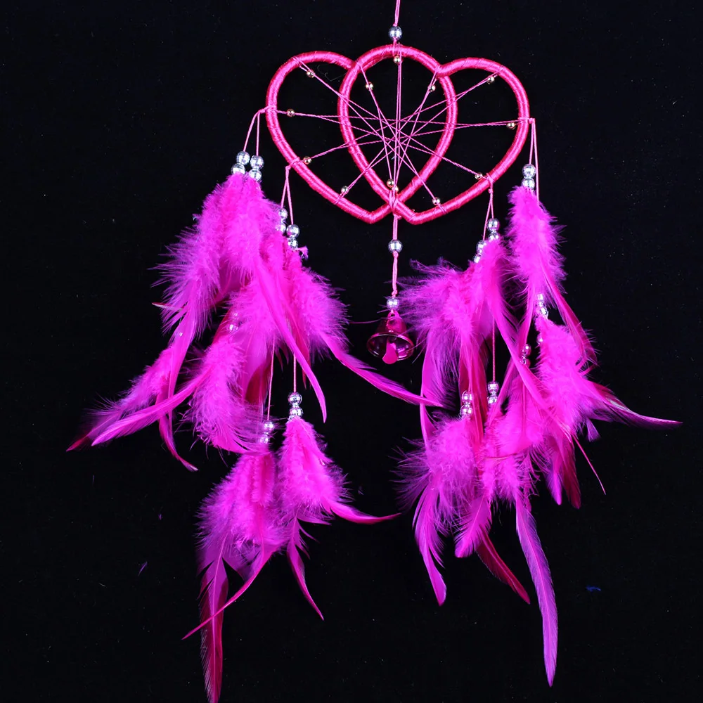 

Wedding Home Party Wall Decor Double Heart Couple Love Handmade Weave Feather Tassel Dreamcatcher Amulet Lucky Feng Shui Craft