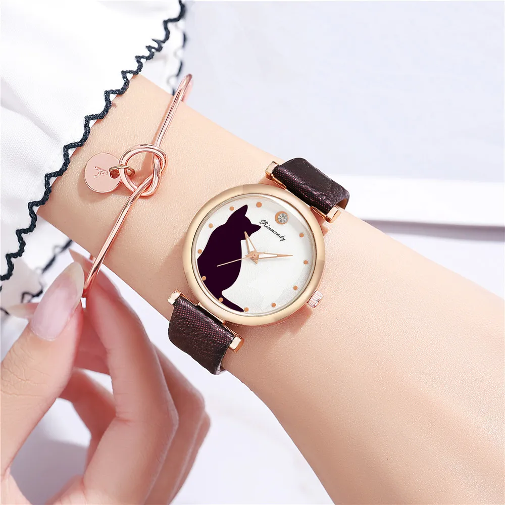 Модные женские часы с милым котом кварцевые наручные кожаным ремешком для женщин