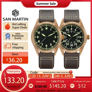 San Martin Bronze Pilot Watch Military YN55A Retro Simple Style Mens Automatic Mechanical Watches Le