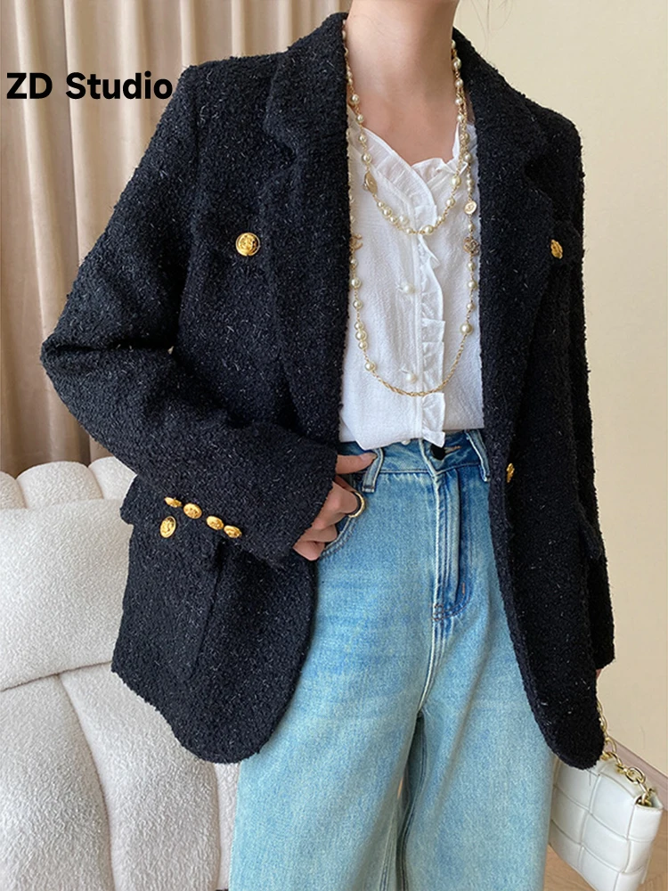 

[ZD Studio] High End Woolen Coat For Women Notched Collar Single Button Solid Clothing 2023 Autumn Winter New