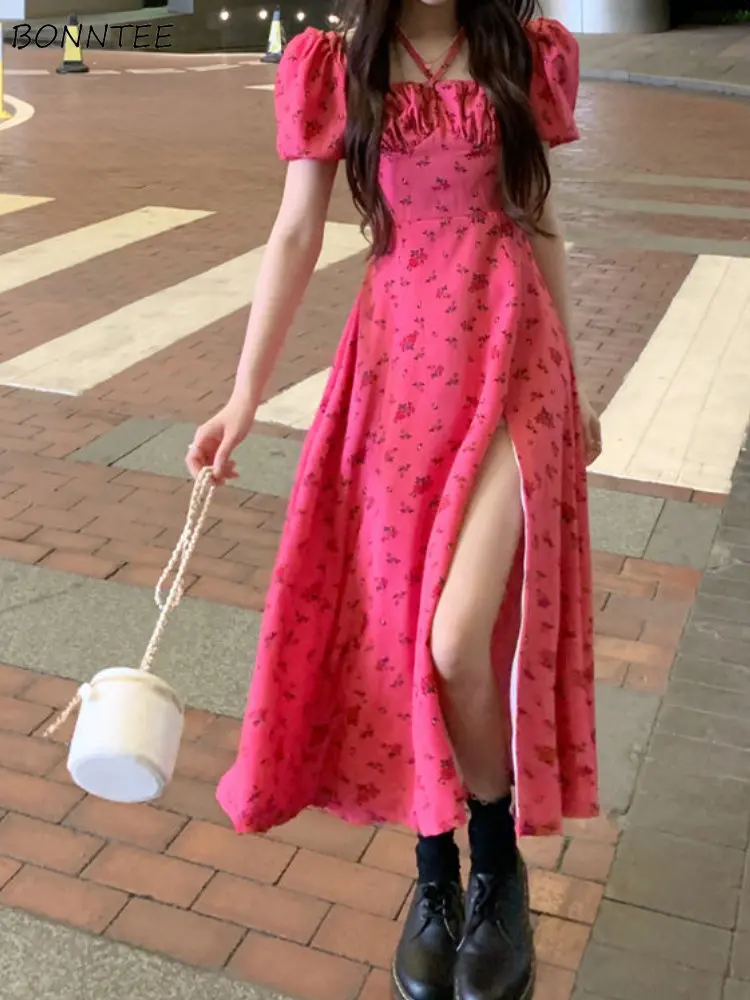 

Short Sleeve Dresses Women Streetwear Summer Side-slit Chic Design Sweet Ladies Fashion Party Wear Holiday Vestidos Print Slim