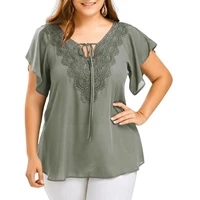 plus size women blouse v neck pure color flare sleeves casual top lady clothes