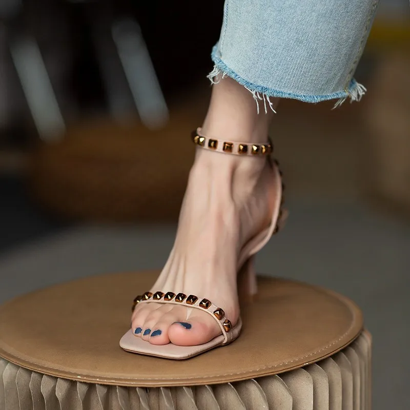 

Square Toe Women's Stilettos Summer Roman Buckle Shallow Mouth Ladies Sandals Metal Rivet Open Toe Sexy Party Female Shoes