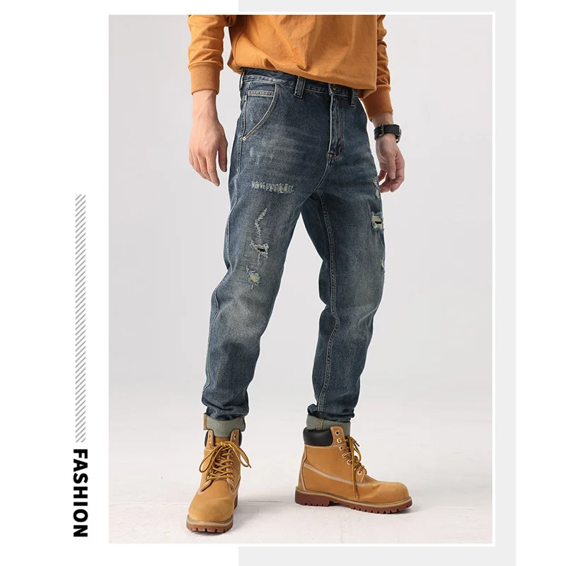 Streetwear Men 2022 New Pattern Hole Patch Jeans Vintage Self-cultivation Recreational Straight Cylinder Trousers Autumn Female