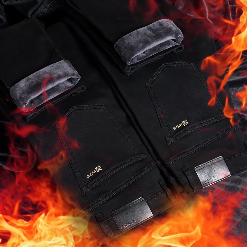 

Men's Winter Keep Warm Jeans 2022 New Men Slim Fit Straight Fleece Baggy Jeans Business Casual Classic Black Denim Trousers