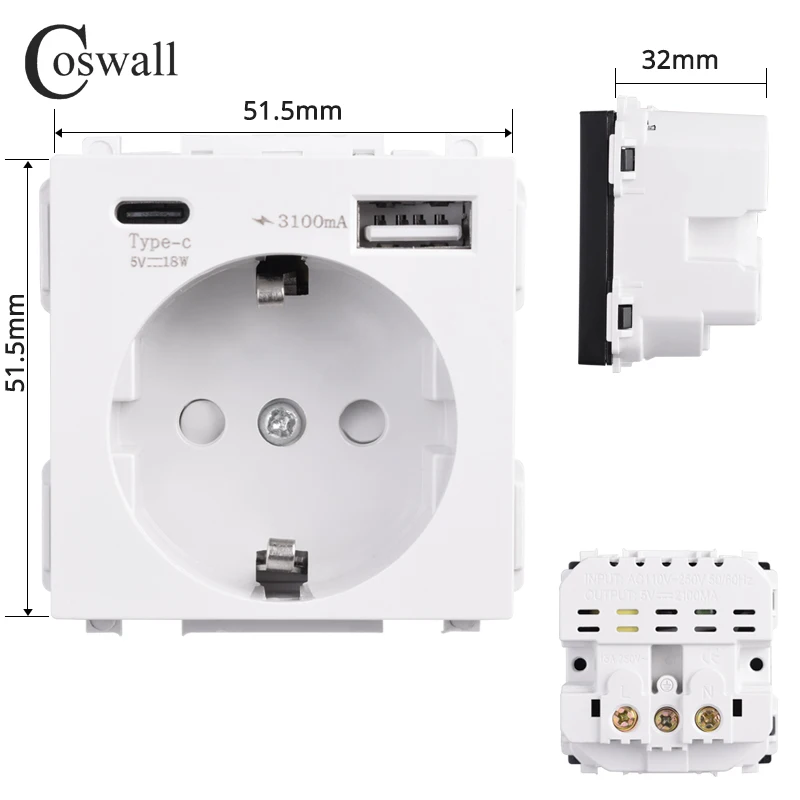 

COSWALL EU Russia Wall Power Socket Grounded With 18W Type-A & C Dual USB Fast Charger Module DIY Black White Grey