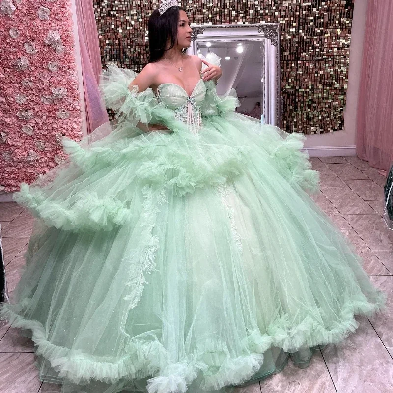 Мятно-зеленые платья Quinceanera принцессы с хрустальными бусинами многоуровневые
