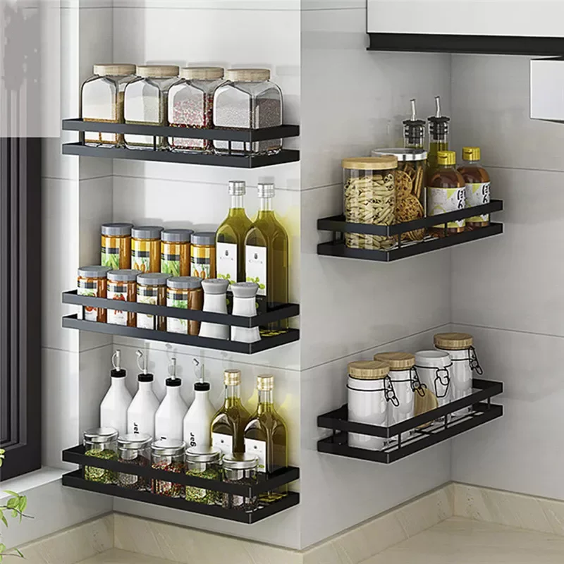 

Kitchen Racks Wall Mounted Spice Jar Storage Rack Single Layer Cabinet Seasoning Bottle Bracket Bathroom Shampoo Shelf Organizer