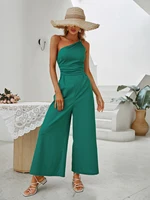 summer for women sexy sleeveless inclined shoulder green collect waist backless jumpsuits straight leg beach holiday