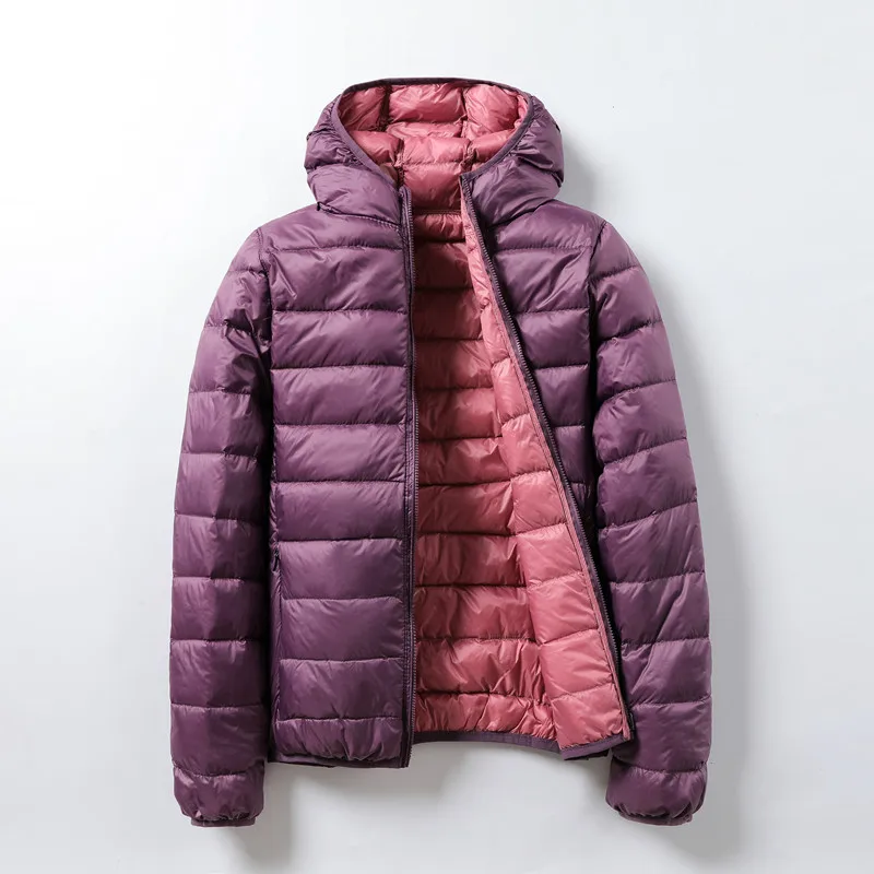 

Women 90% White Duck Down Coats Autumn Winter Female Ultra Light Double Sided Feather Jackets Solid Windproof Hooded Outerwear