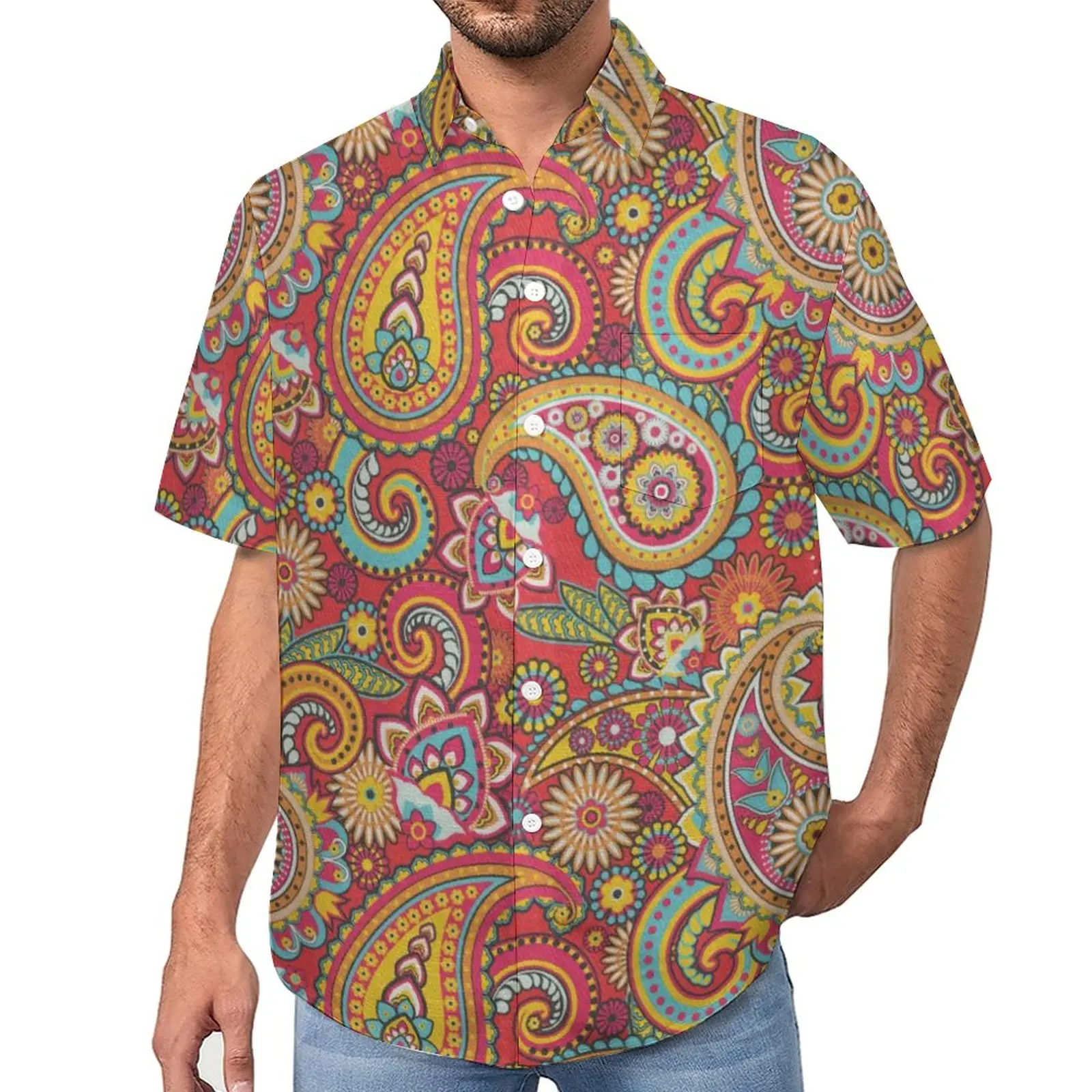 

Retro Paisley Loose Shirt Man Beach Trippy Hippy Print Casual Shirts Hawaiian Graphic Short-Sleeved Retro Oversize Blouses