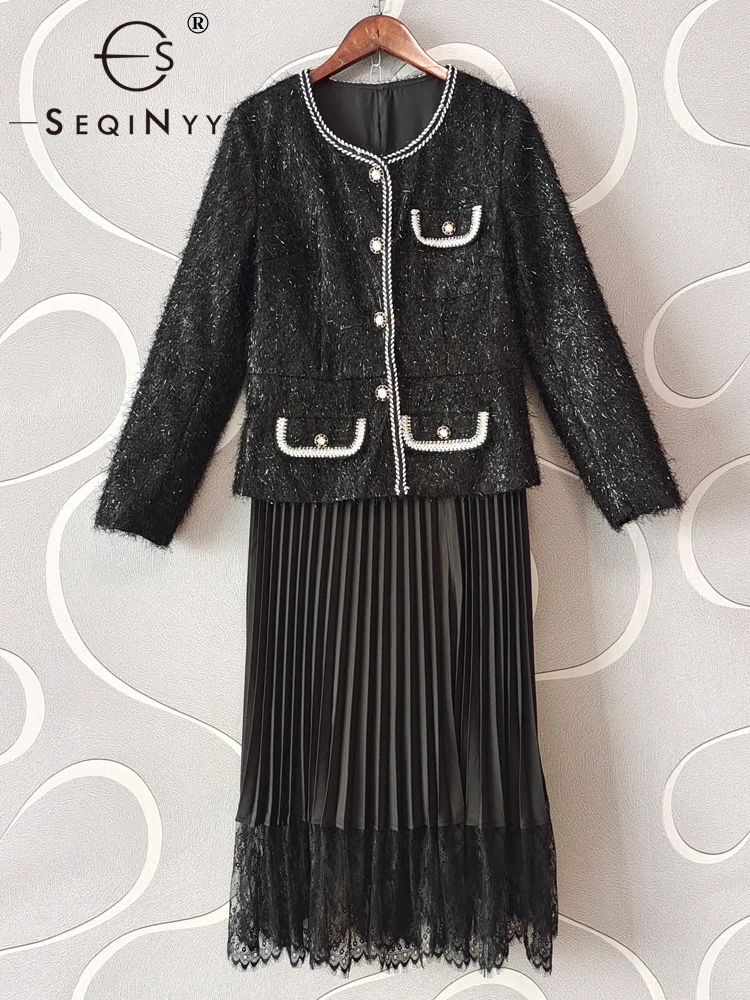 

Женское кружевное платье с пуговицами SEQINYY, элегантное черное Плиссированное офисное платье средней длины с модным дизайном, весна-осень