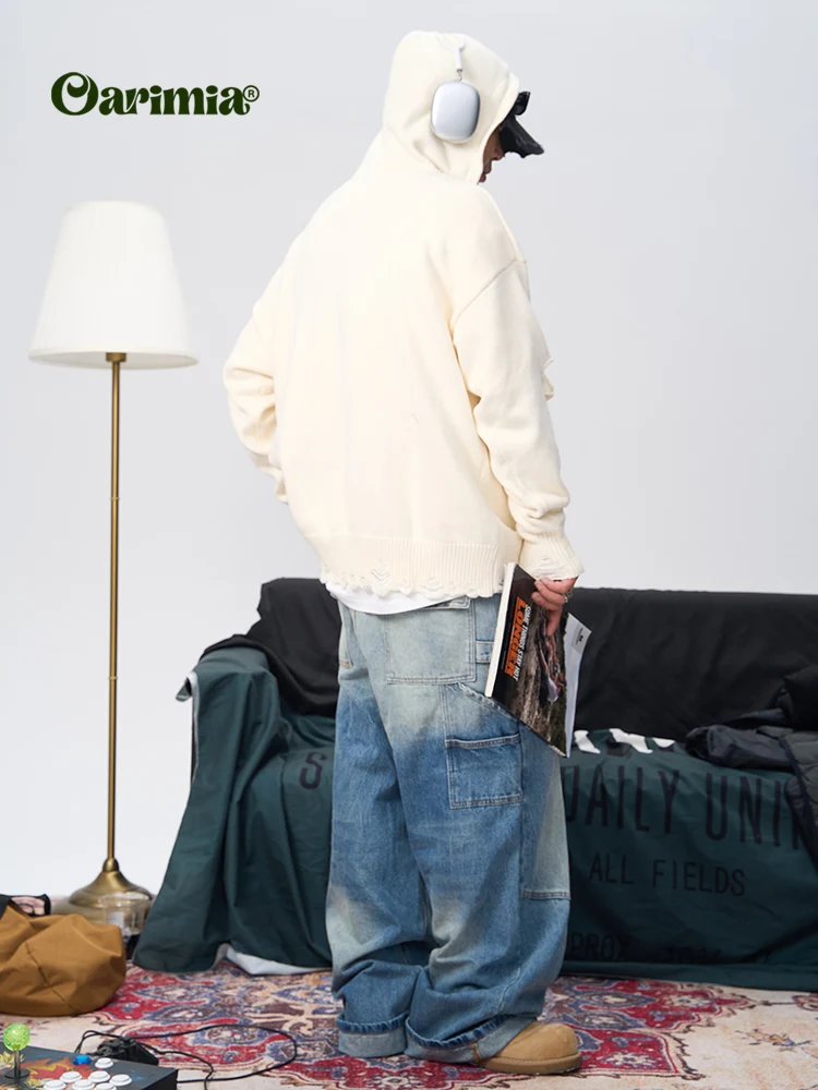 Oarimia24aw Japan fashion Retro Ripped Design Hood Knit Trendy All-Matching Outerwear Men and Women