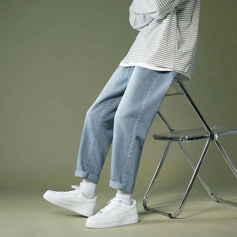 Summer Blue/Black Jeans Men Fashion Drawstring Casual Straight Jeans Men Streetwear Hip Hop Loose Denim Pants Mens Trousers