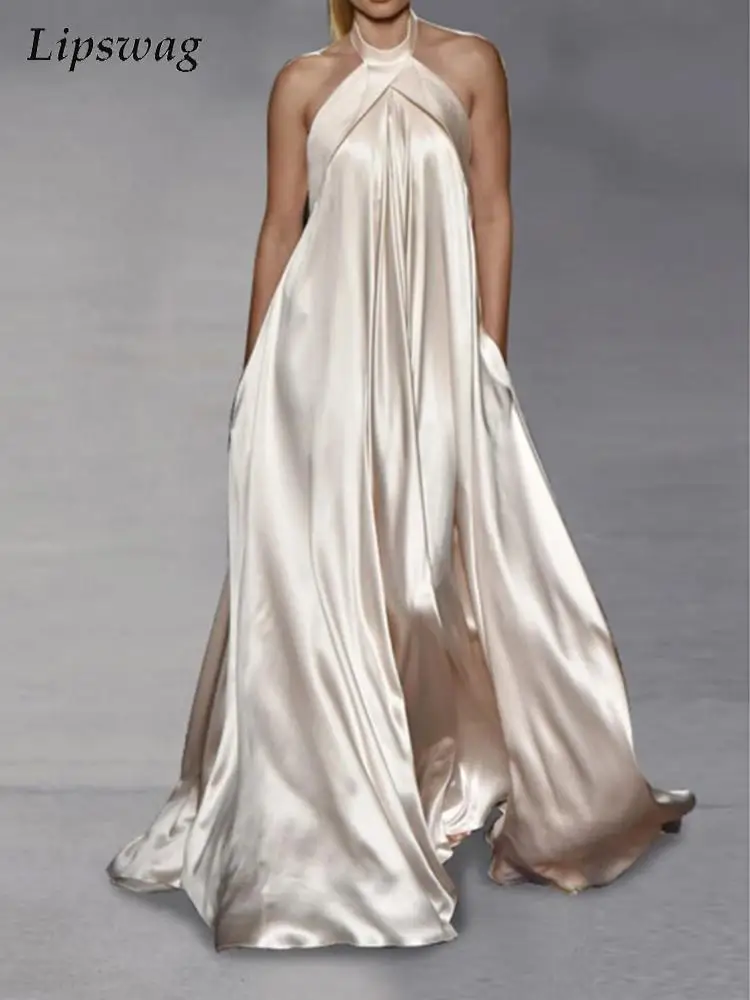 

Sexy Sleeveless Halter Solid Satin Long Dress Summer Women Vintage Off Shoulder Party Dresses Elegant Fashion Loose Maxi Dress