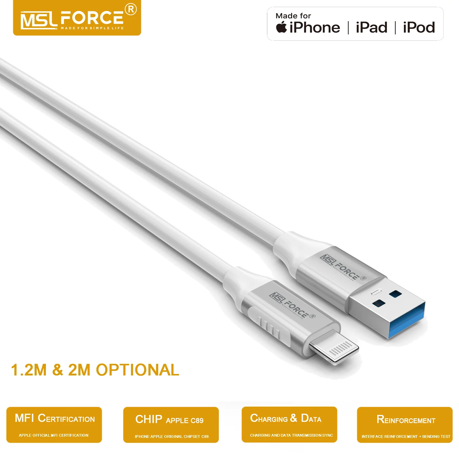 MSLFORCE Iphone Apple MFI Сертификация USB A к Lightning Кабель для зарядки и синхронизации данных