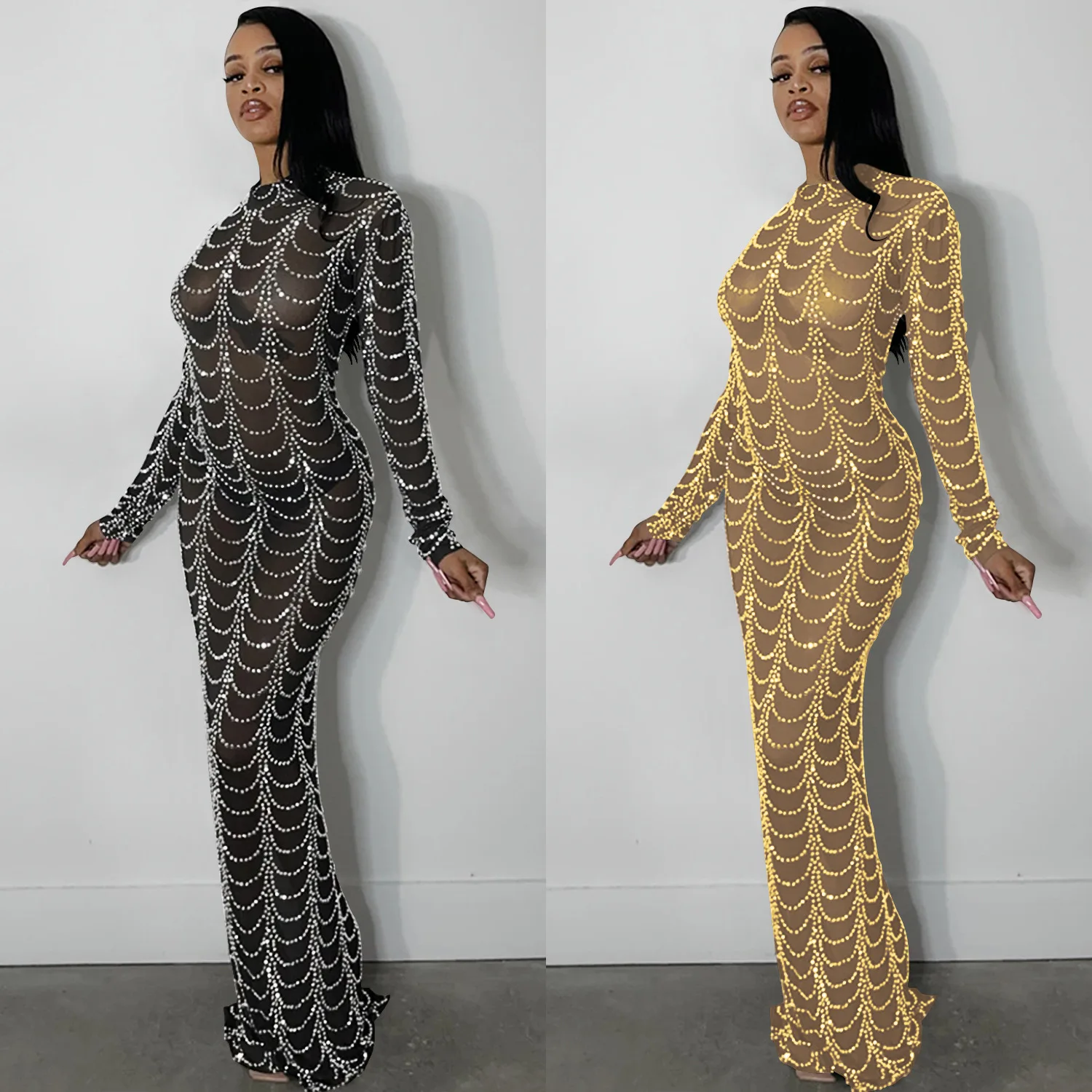 

X5351 Women's Dress Spring and Autumn Fashion Long Sleeve Hot Drilling Mesh Perspective Dress Nightclub Party Evening Dress