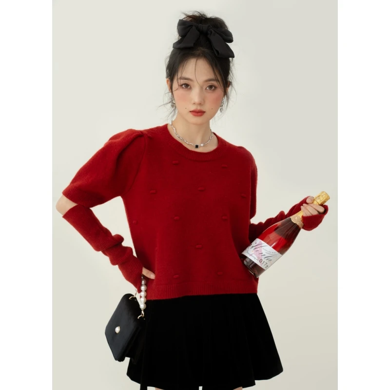 

Женская одежда, красный свитер, модный винтажный Свободный пуловер с коротким вязаным рукавом, зимний женский пуловер