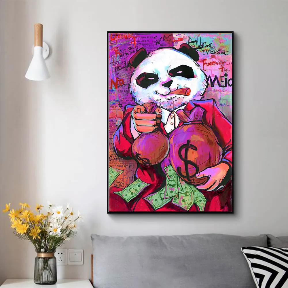 Живопись на холсте "Зелено-фиолетовый панда с забавным лицом и сигаретой в пасти", денежная сумка с изображением. Мотивационный постер для уличных стен и комнат.