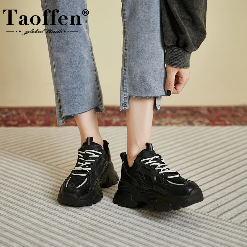

Taoffen Women Sneakers Genuine Leather Thick Sole Ladies Flats Lace Up Fashion Wedge Casual Running Shoes Tennis Sports Trainers