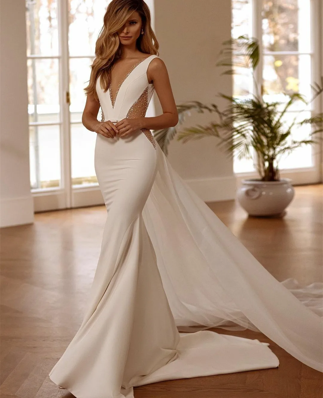 

Женское длинное свадебное платье It's yiiya, белое платье из крепа со шлейфом и бусинами на лето 2019