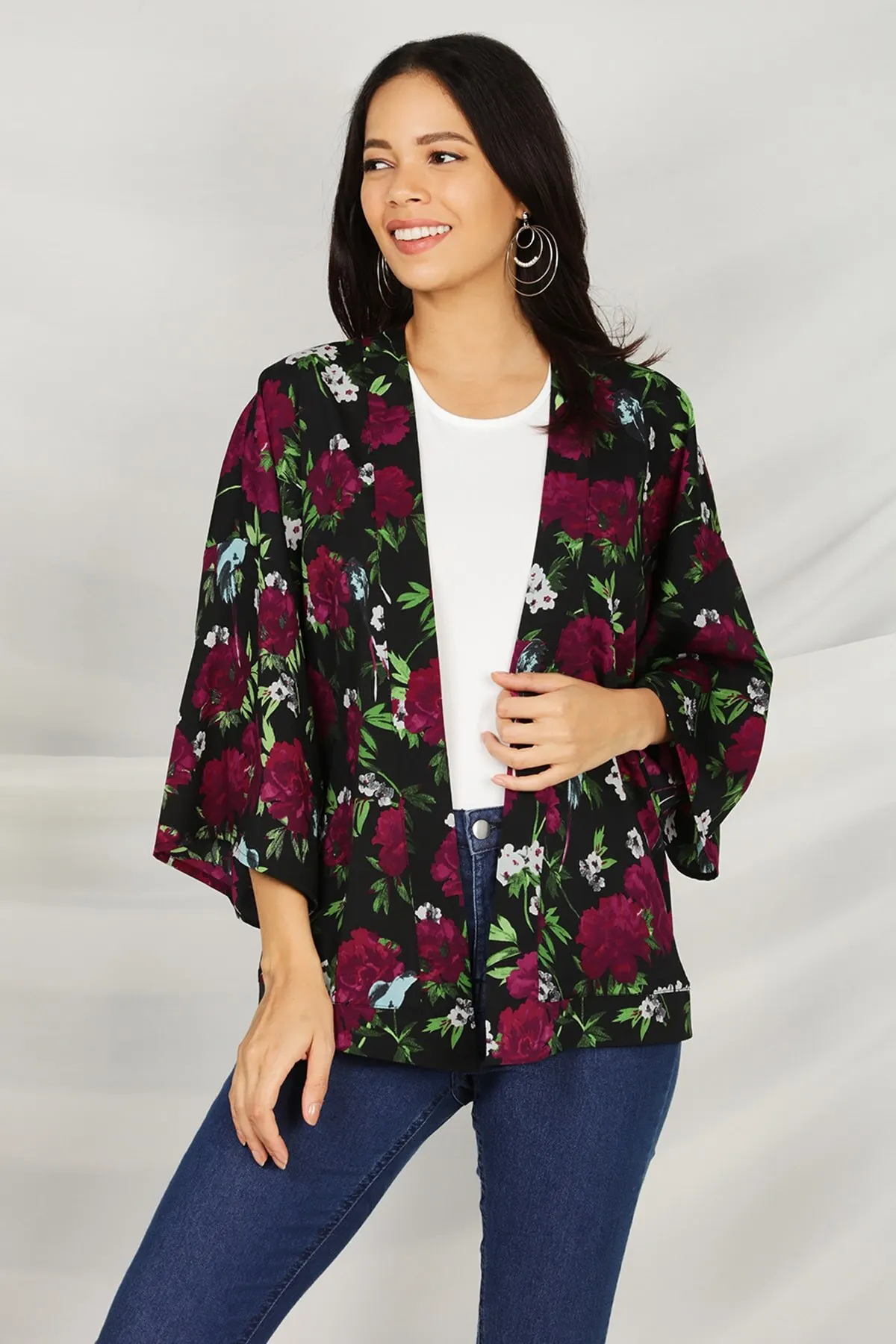 

Women's Kimono Black Floral Print Kimono Fashion Bathrobe For Ladies Fashion Robe Robe Dressing Gown For Women