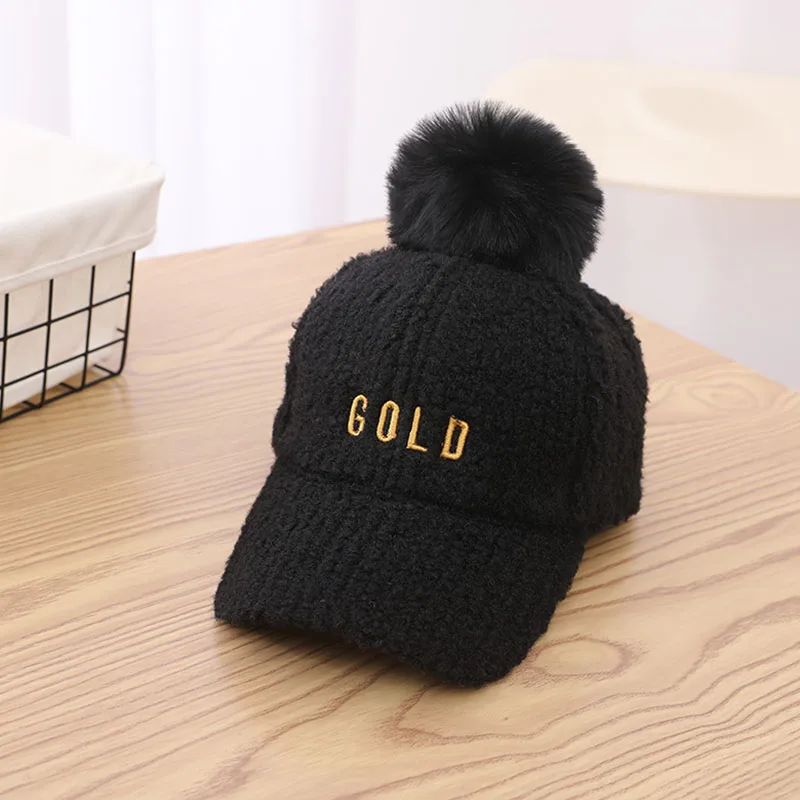 

New Children Fashion Autumn Winter Warm Pompom Embroidery Baseball Hat Girl Boy Solid Color Big Plush Ball Kids Cashmere Art Hat