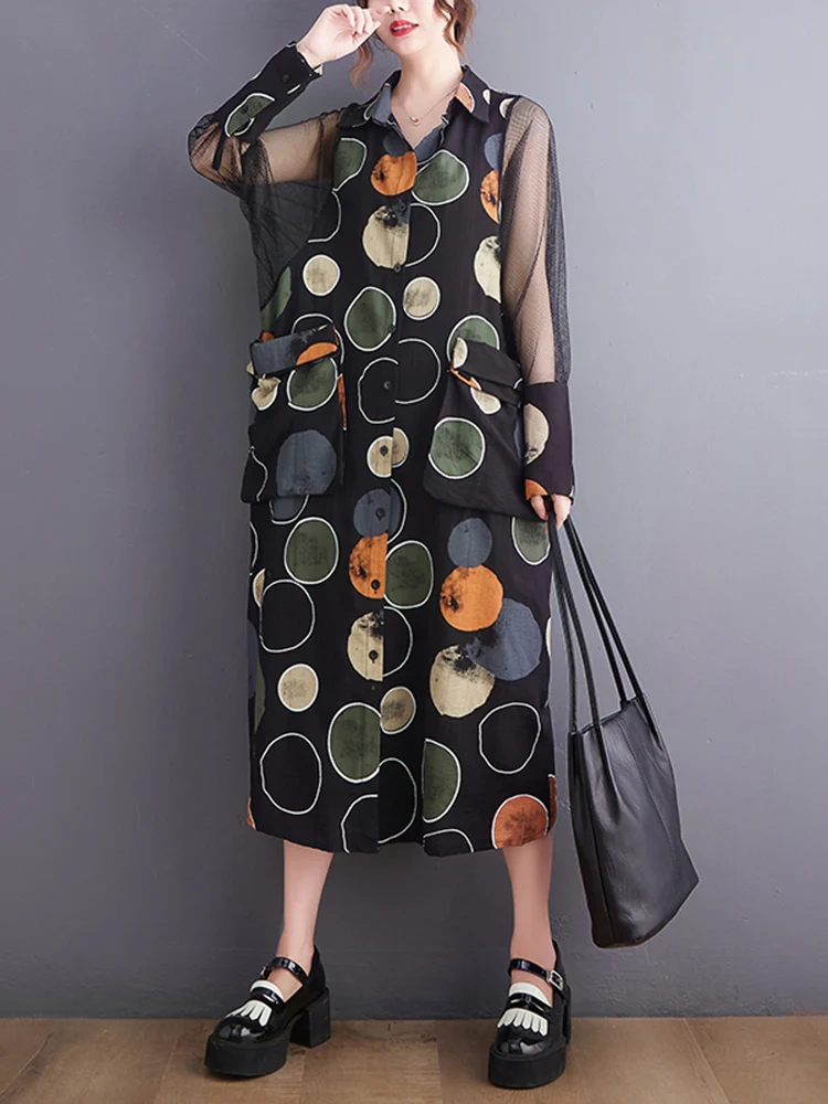 

Black Vintage Mesh Patchwork Polka Dot Print Dresses For Women New Loose Casual Long Summer Dress Fashion Elegant Clothing 2022