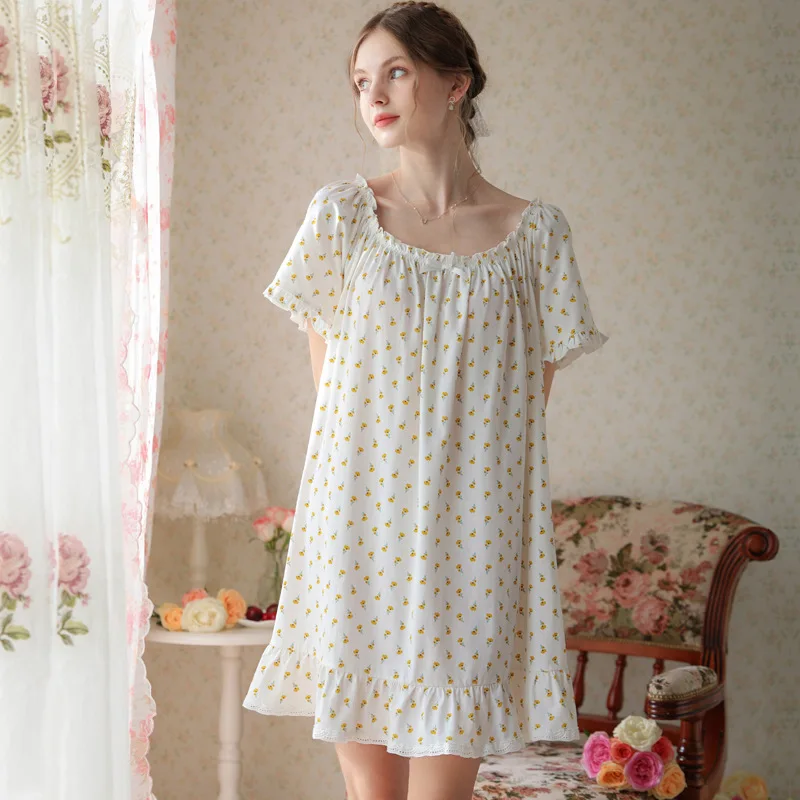 Palace Nightgown Women Summer Short Sleeves Cute Sweet Princess Style Sexy Short Skirt Cotton Pajamas New Floral Home Clothes