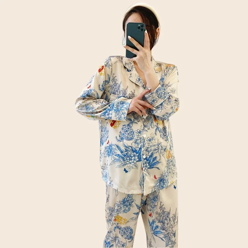 Summer Pajama Sets Pajama Pants Sexy Flower Nighty Clothes T-Shirt Long Pants 2Piece/Set Homewear Cozy Big Size Luxury Designer