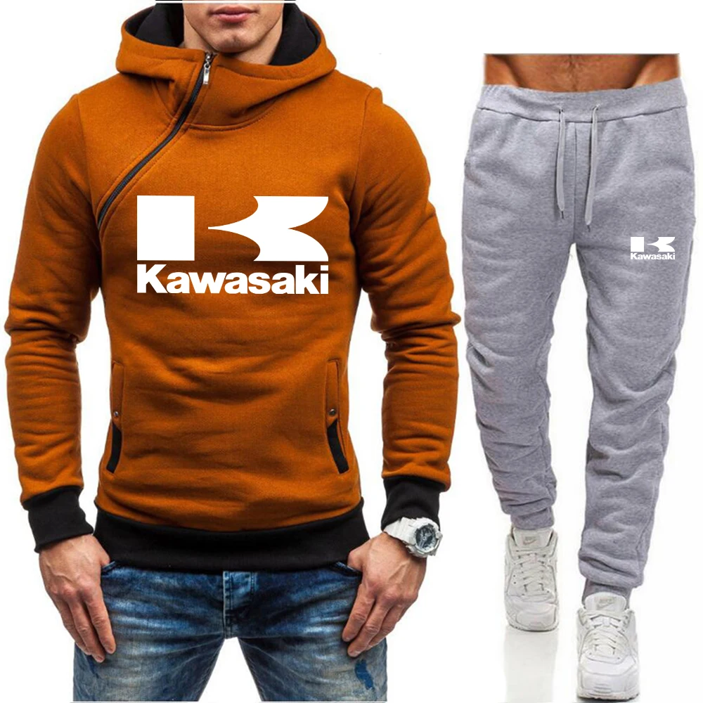 

New KAWASAKI men's autumn and winter sports oblique zipper hooded sweater plus pants two-piece jogging casual street shooting