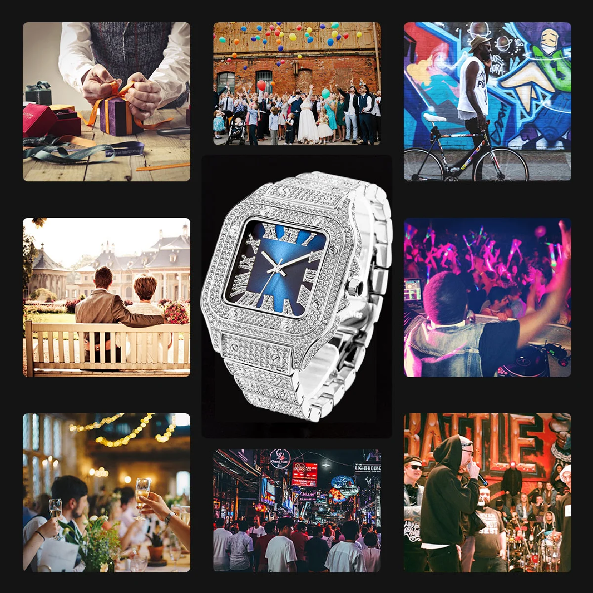 Quartz Watches Luxury Iced Out Moissanite Blue Dial Square Watch For Men Women Party Jewelry Waterproof Unisex Clock Lover Gift