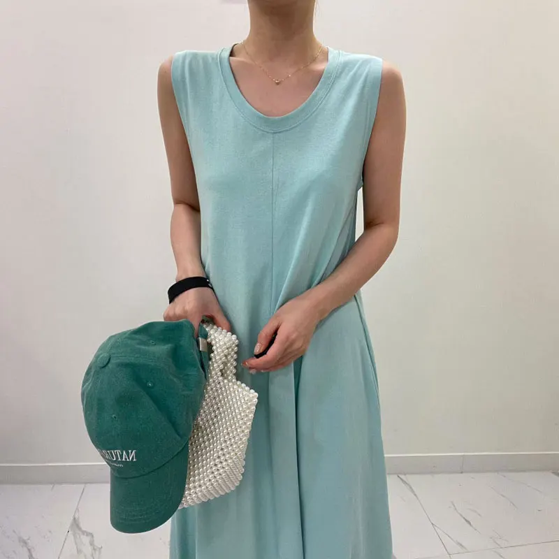 

Женское платье-жилет WDMSNA, корейское шикарное летнее платье в стиле ретро с круглым вырезом, однотонное свободное повседневное длинное платье для женщин